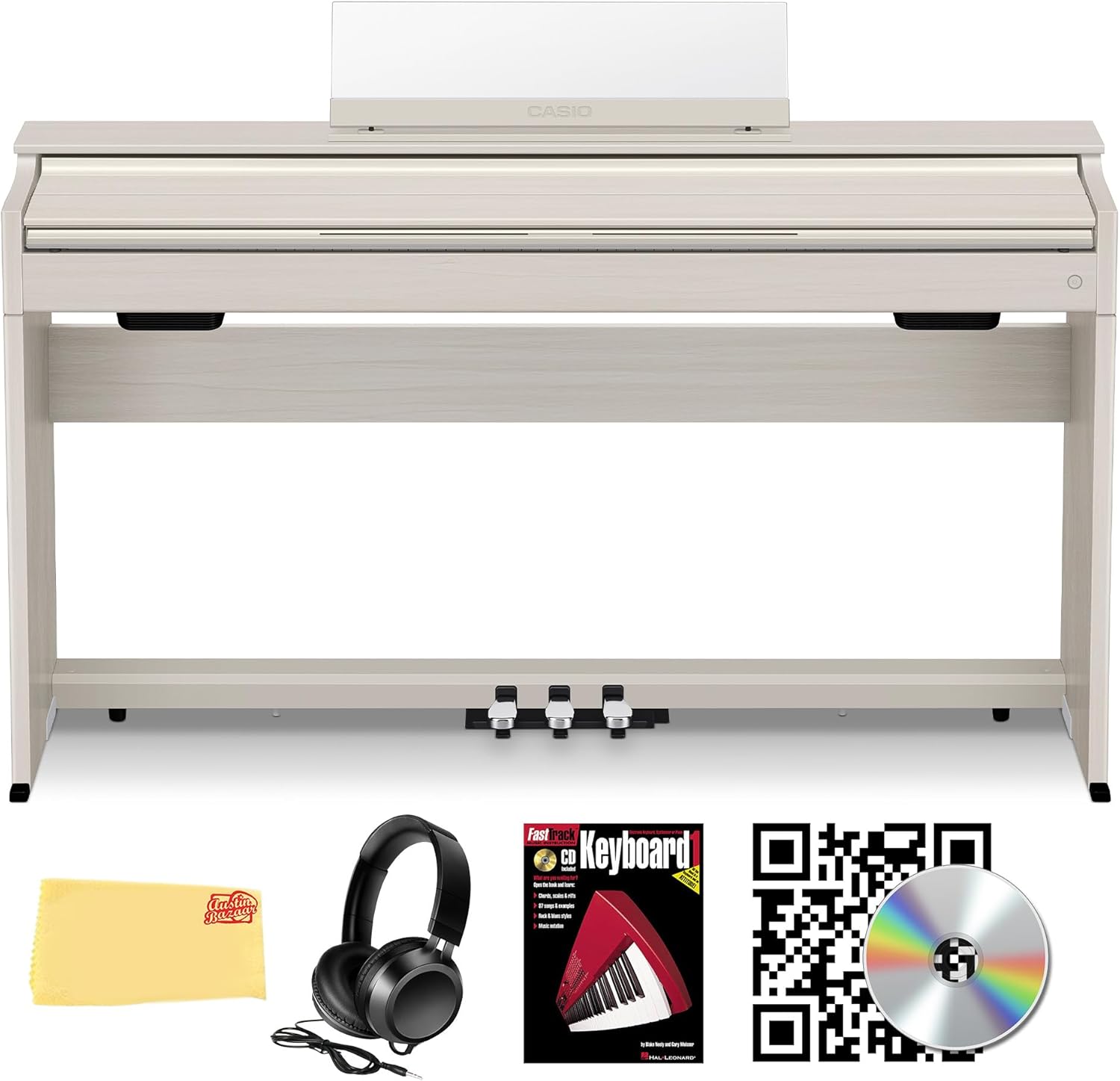 Casio AP-S200 CELVIANO 88-Key Digital Piano - Gray Beige Bundle with Headphones, Instructional Book, Online Lessons, Austin Bazaar Instructional DVD, and Polishing Cloth