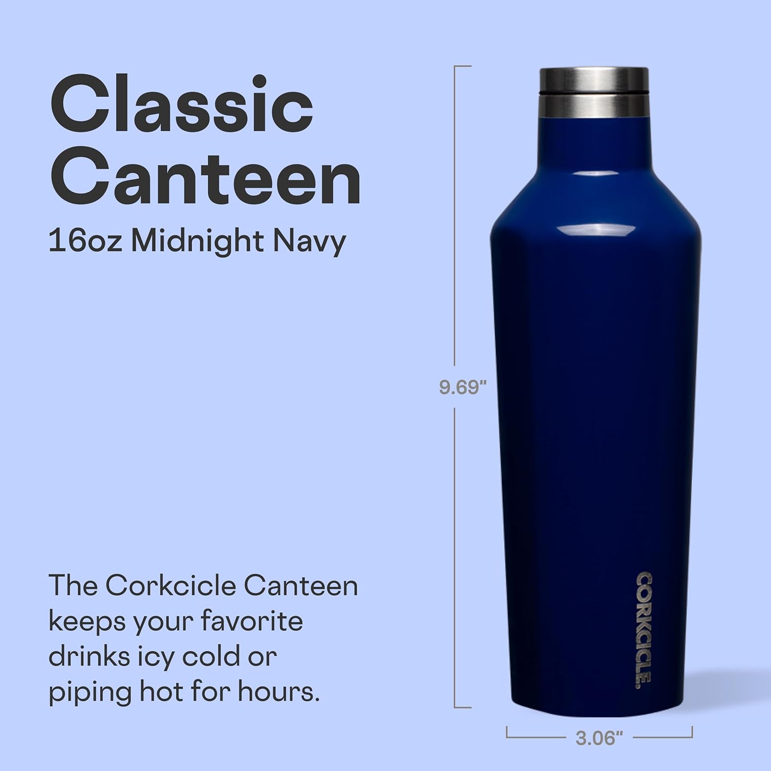 Corkcicle Classic Canteen Insulated Water Bottle - Stainless Steel Reusable Tumbler - Triple Insulated - Keeps Drinks Cold 25 Hours or Hot 12 Hours - Cupholder Friendly - Midnight Navy - 16 oz - Image 2