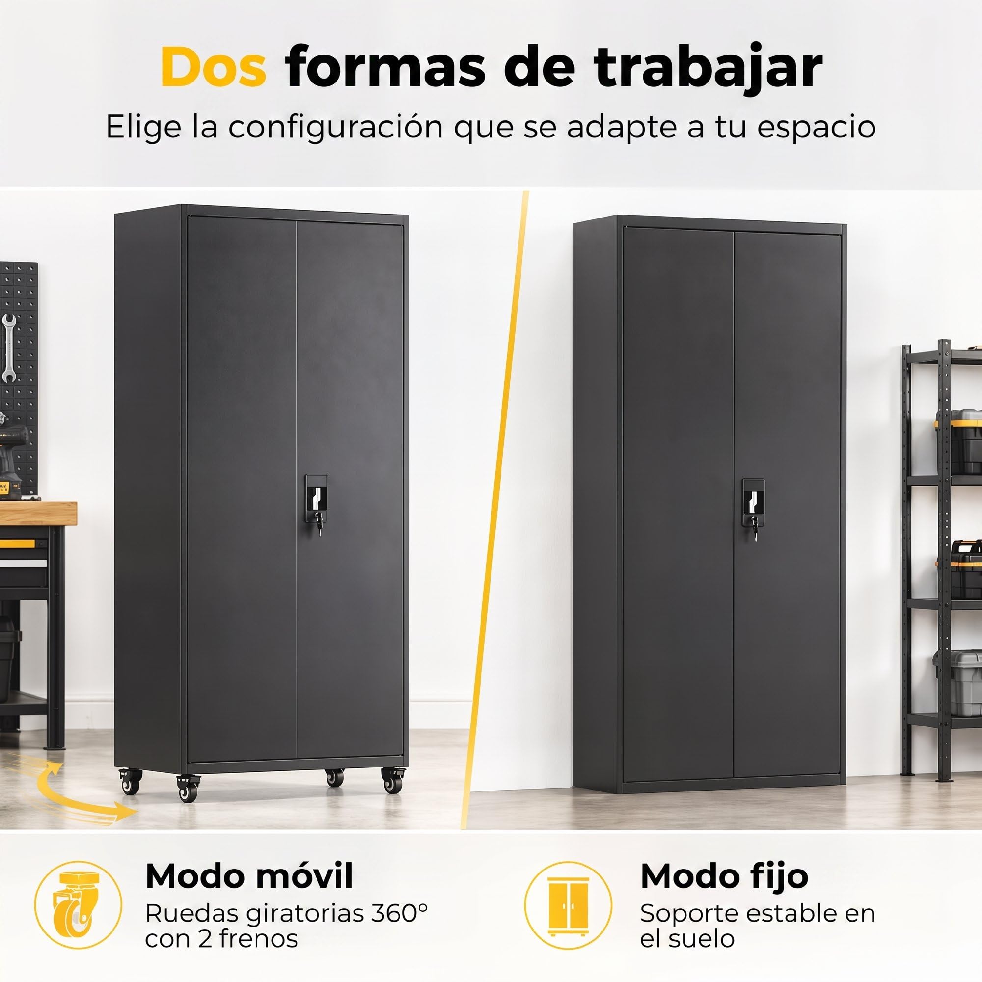 HOMCOM Armario de Herramientas de Acero Ruedas con Freno 180 cm Negro