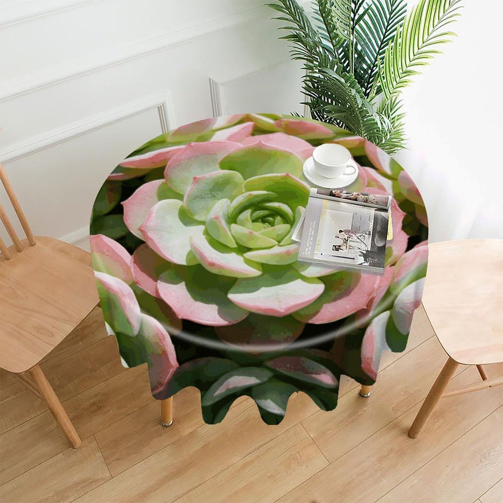 LZQPOEAS Watercolor Succulent Plants Tablecloth Easy to Clean Polyester Round Table Cover Washable Round Table Cloth Wrinkle-Free Circle Decoration Tablecloth for Kitchen and Dining Room 60"