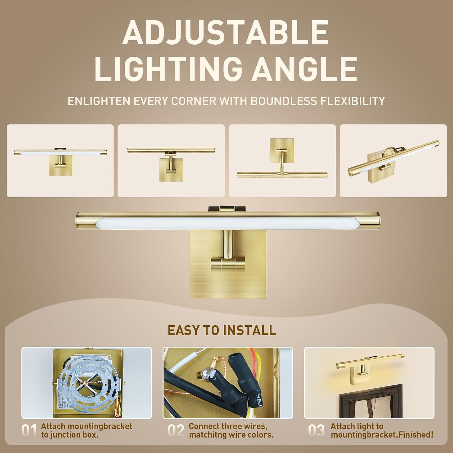 Gold LED Picture Lights for Paintings, 110V AC Modern Bathroom Vanity Light 15.7 Inch 7W Adjustable Art Light Gallery Wall Light for Display, Wall, Artwork, Gallery (NO Battery)