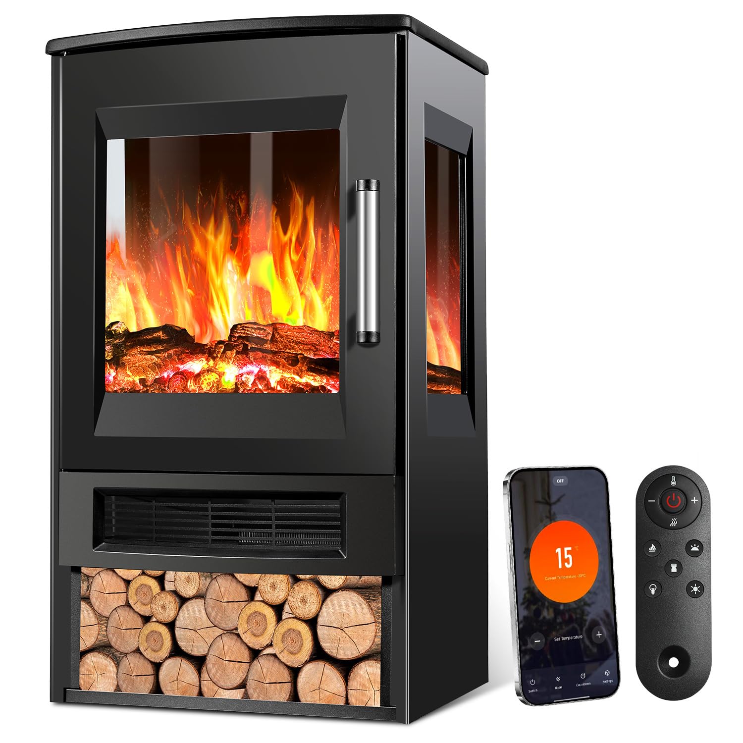 Electric Fireplace,elektrischer Kamin 950/1900 W, Fireplace Electric LED Flame Effect,Elektrokamin mit Heizung with Thermostat,Viewing Window Heating Function Timer