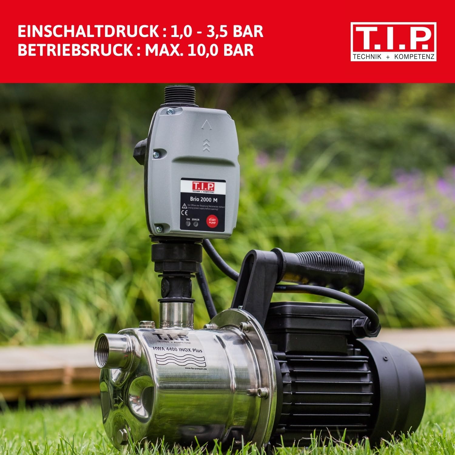 T.I.P. Elektronische Pumpensteuerung BRIO 2000 M, Plug and Play für Tauchdruck-, Tiefbrunnen-, Zisternen- und Gartenpumpen 1,5–3,5 bar, Automatisch, Trockenlaufschutz, Einfache Installation