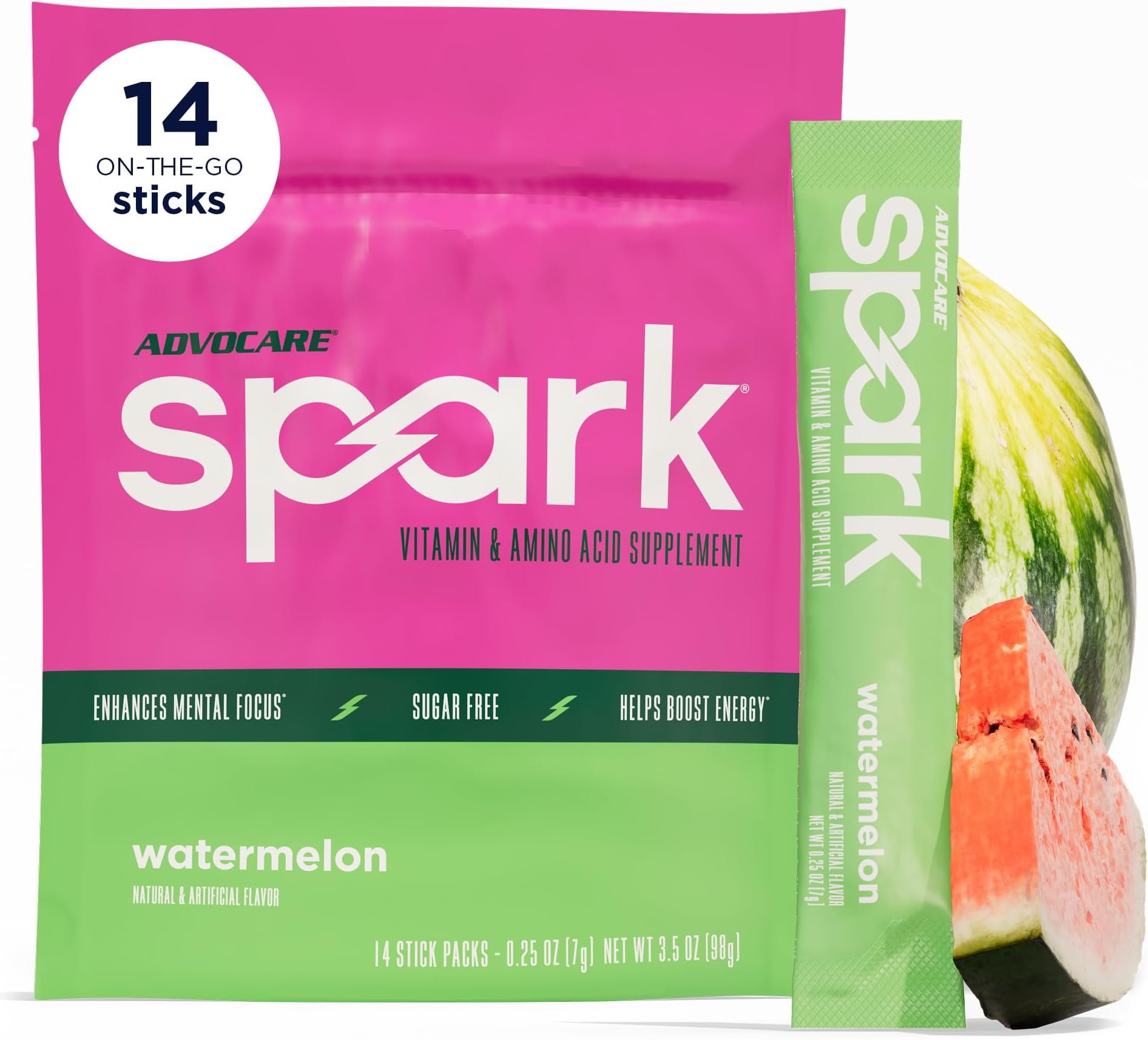 Spark - Energy Drink Mix - Vitamin & Amino Acid Supplement - Supports Energy & Focus* - Portable Immune Support* - Sugar-Free - Watermelon, 14 Stick Packs (3.5 oz)