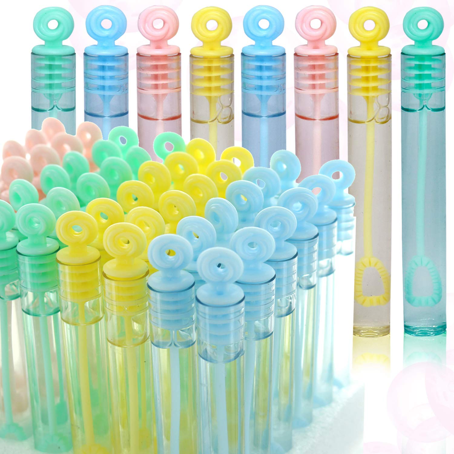 GIFTEXPRESS Bubble Wands Party Favors - 48 Pack Mini 4.25" Tall Assorted Color Rose Bubble Sticks - 0.2 Fl Oz / 5 mL Tube of Non Toxic Bubbles Solution for Kids