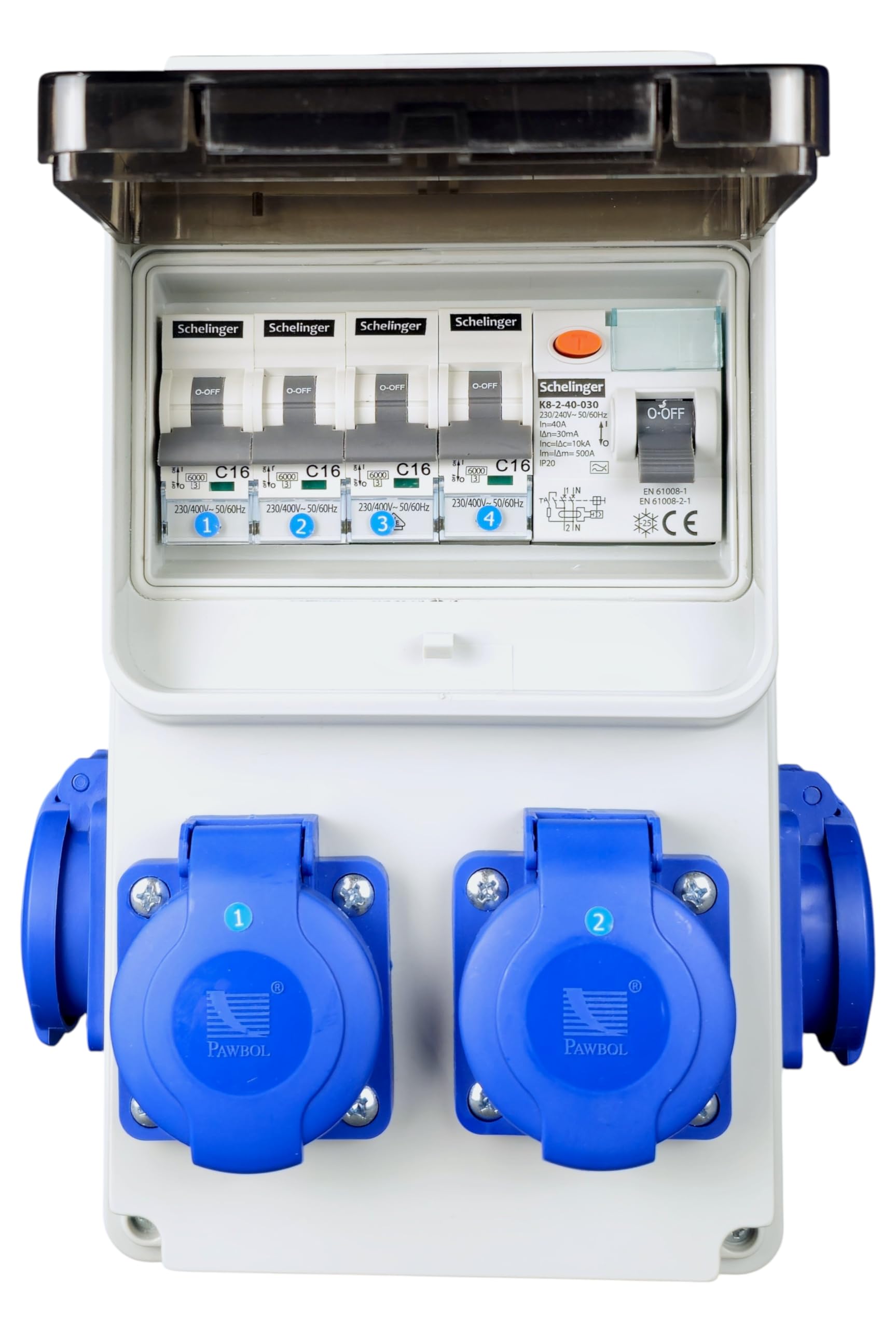 RoadEu - Coffret de Chantier 230V, 4x Prises avec interrupteur, IP44 Distributeur de Prises avec disjoncteur différentiel 40A type A/AC, 4x LS C16A. Idéal pour les ateliers, les garages et les usines