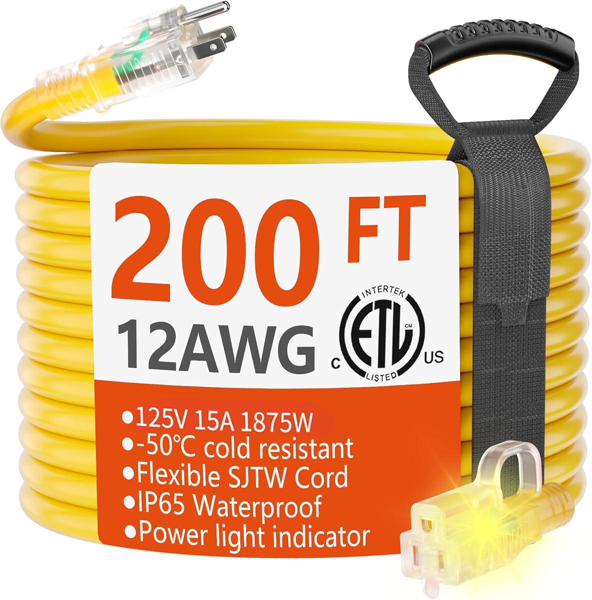 HUANCHAIN 200 ft 12/3 Gauge Outdoor Extension Cord Waterproof Heavy Duty with Lighted end, Flexible 3 Prong Electric Cord Outside, 15Amp 1875W 12AWG SJTW, Yellow, ETL