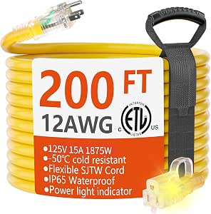 HUANCHAIN 200 ft 12/3 Gauge Outdoor Extension Cord Waterproof Heavy Duty with Lighted end, Flexible 3 Prong Electric Cord Outside, 15Amp 1875W 12AWG SJTW, Yellow, ETL