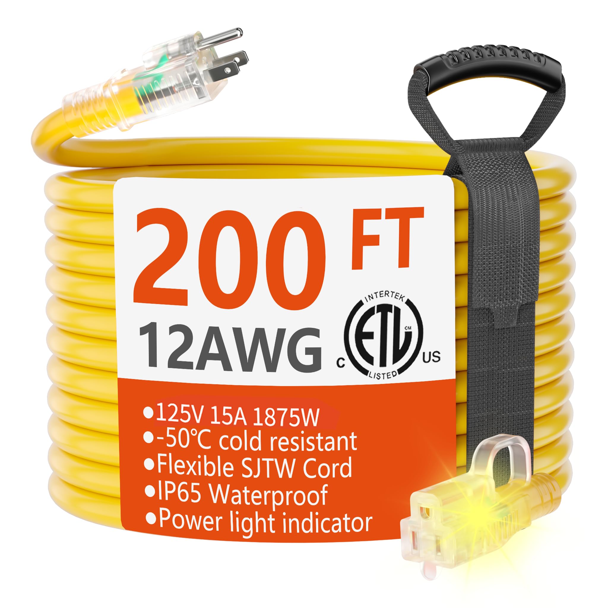 HUANCHAIN 12 Gauge Extension Cord 200 FT, Outdoor Electric Cable Yellow