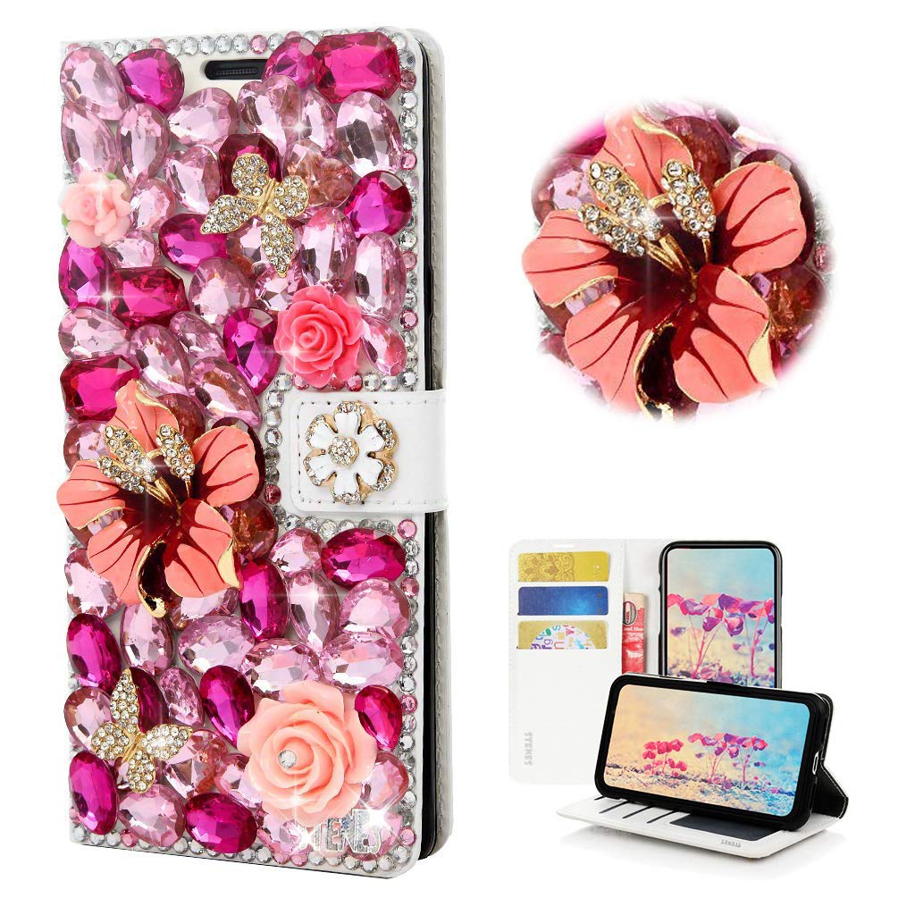STENES Bling Case Compatible with Google Pixel 3a XL - Stylish - 3D Handmade Lips Lipstick Rose Flowers Bowknot Magnetic Wallet Leather Cover Compatible with Google Pixel 3a XL - Pink