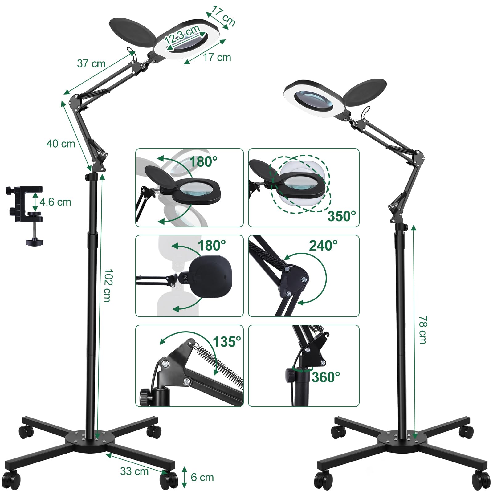 CGBE 10X Lupa con Luz, 2 en 1 Base/Pinza, Manos Libres, para Trabajos Finos | Lámpara Lupa con Brazo Giratorio Ajustable, 80 Perlas LED, Cubierta Antipolvo, para Lectura Reparación Manualidades