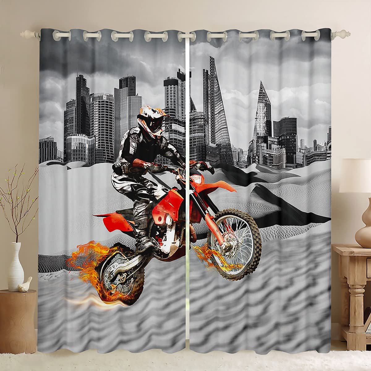 Motocross Rider Curtains Extreme Sports Design Window Drapes Teens Cool Modern Motorcycle Window Treatments For Boys Kids Men Gray City Building Dirt Bike Window Curtain Room Decor W46 x L72