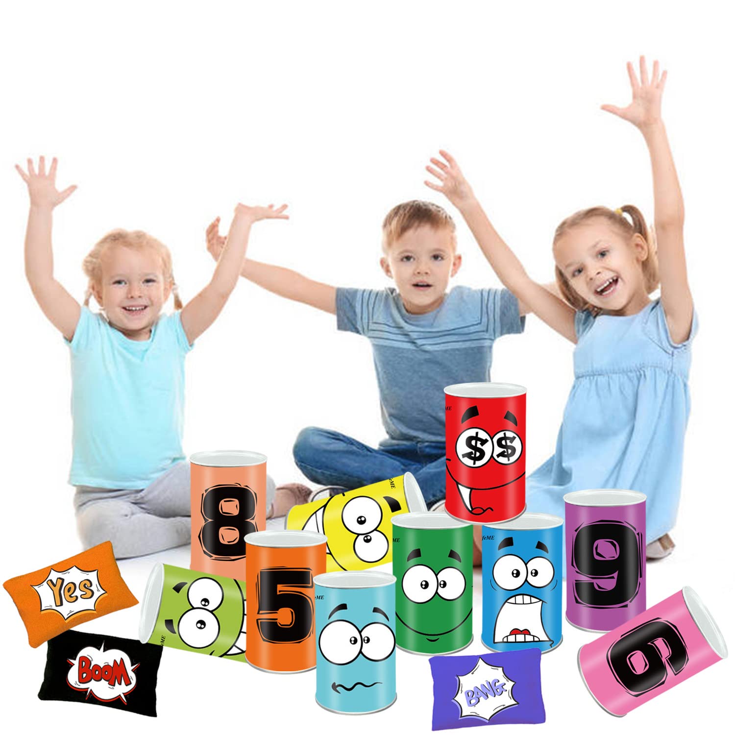 Tiro al Barattolo, Gioco del Barattolo di Latta per Bambini, Bersaglio Gioco di Latta con 10 Pezzi Sorriso Tin Can Alley + 3 Pezzi Beanbags + 3pcs Medaglie, Lattine Giocattolo Regalo per Festa