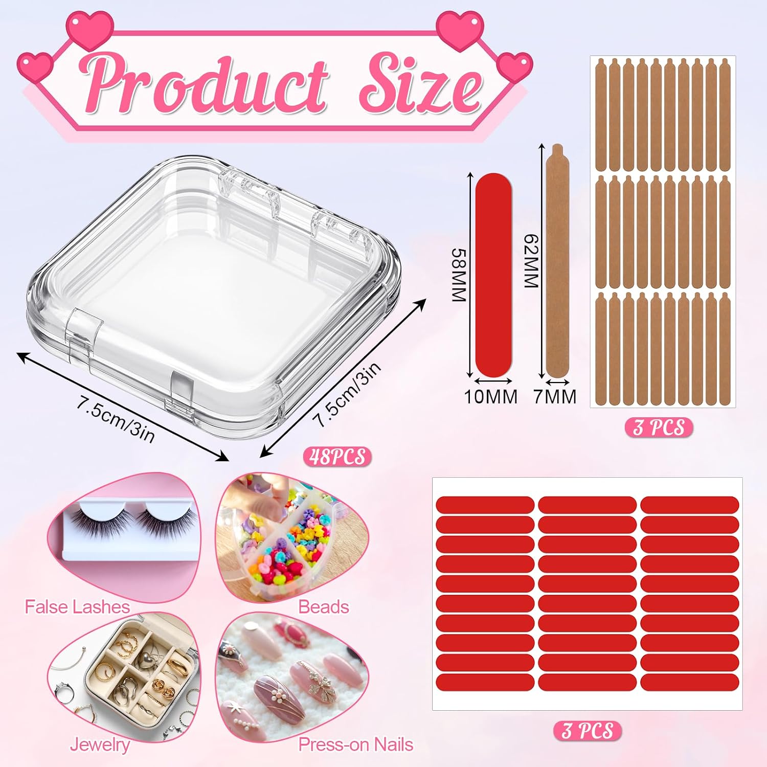 48 Pcs Press On Nail Storage Box, Press On Nail Packaging Box with 180 Pcs Adhesive Double Sided Tape, Acrylic Artificial Nails Display Case for Nails Salon