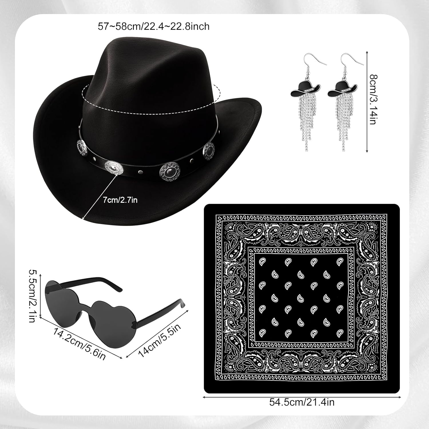 4Pcs Western Cowboy Hats for Women Cowgirl Hat Earrings Glasses Bandana Set for Rodeo Outfit - Image 2