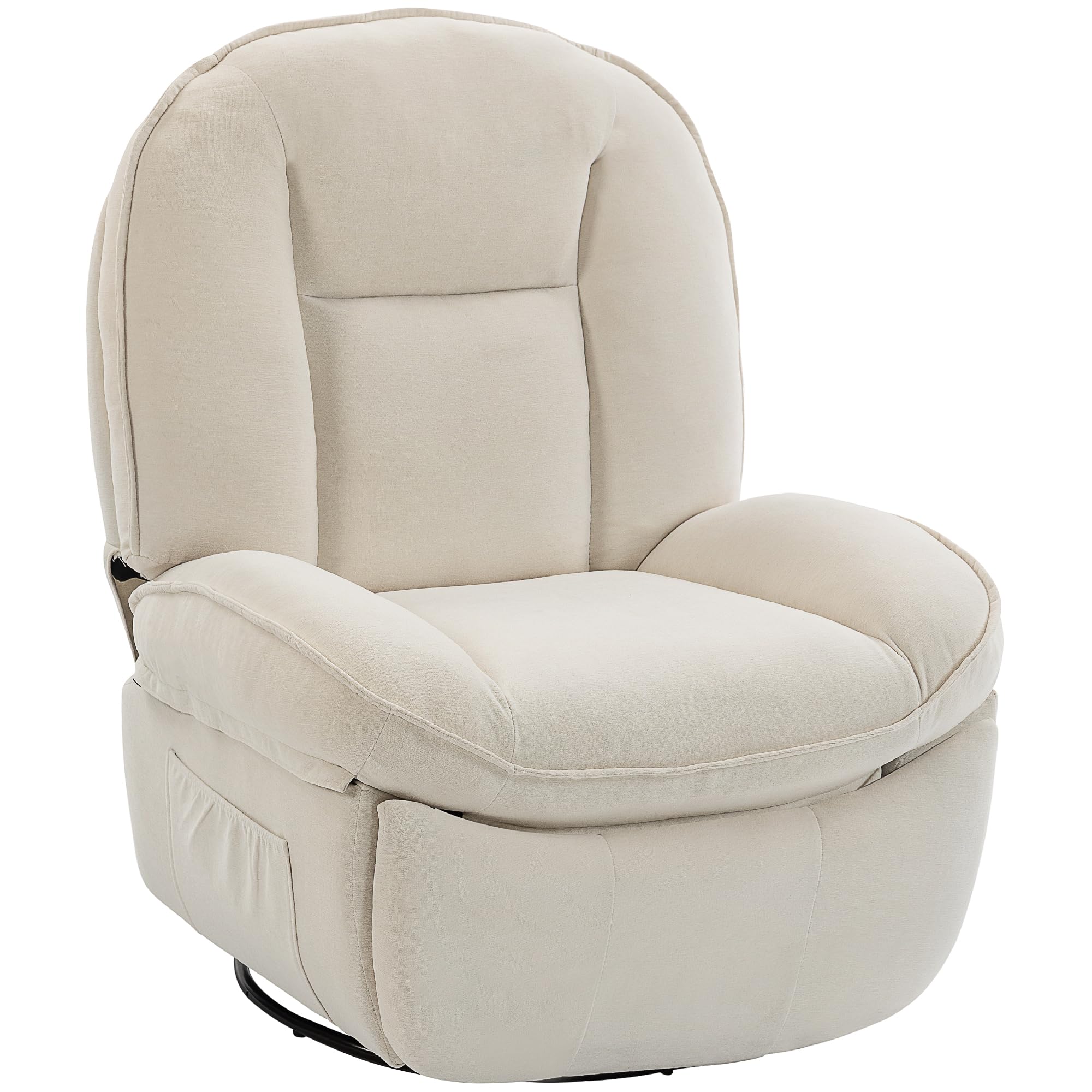 HOMCOM Fauteuil inclinable en chenille, fauteuil de relaxation pivotant à 360° avec repose-pieds, assise large, dossier épais, poches latérales, poignée de tirage, pour salon bureau home cinéma, crème