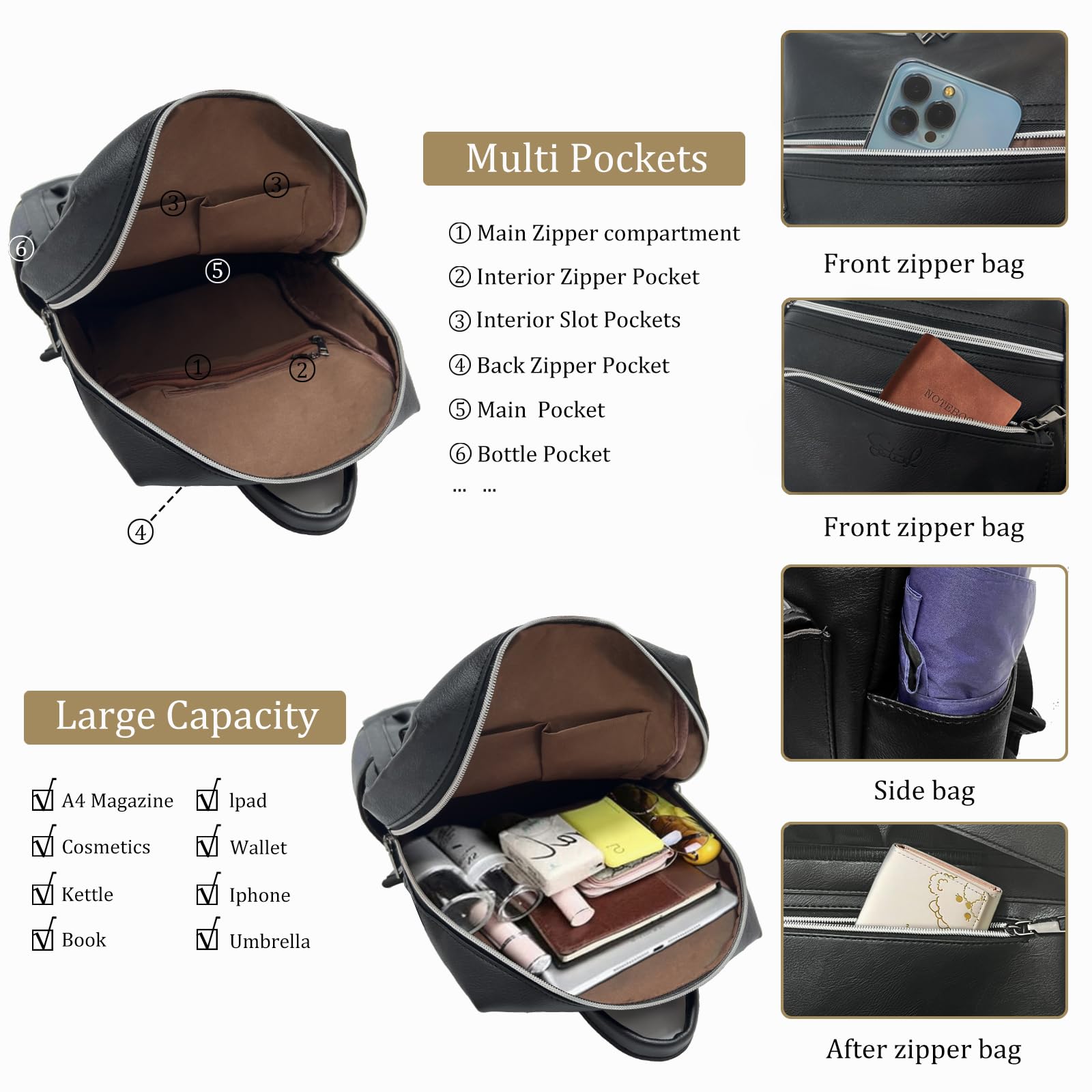 Sac à Dos Femme,PU Cuir Sac a Dos Loisir avec Multipoches,Imperméable Antivol Voyage Décontracté de Sac à Dos pour Travail, Scolaire Collège, Affaires