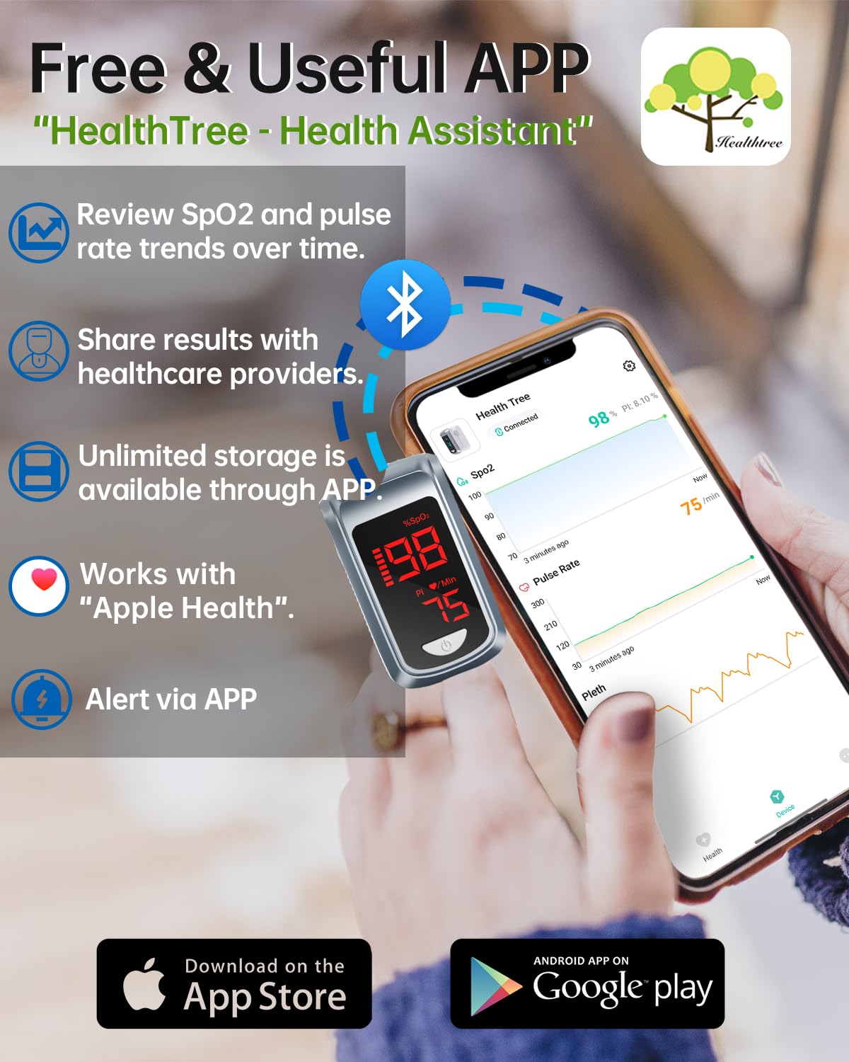 JKS50CL Oxímetro de Pulso Bluetooth con App - Saturómetro de Dedo Profesional con Pantalla OLED, Medidor SpO2 y Frecuencia Cardíaca, Alarma de Salud, Pila AAA Incluida