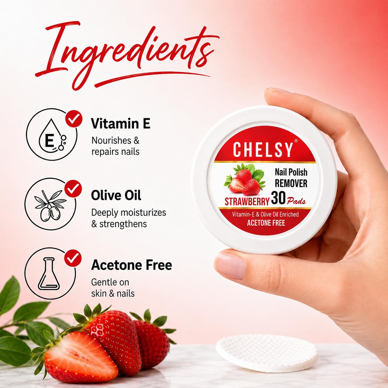Chelsy Nail Polish Remover Wipes, 60 Pads (30x2) – Aloe Vera & Strawberry, Acetone-Free Nail Paint Remover Wipes for Women, Travel-Friendly 3