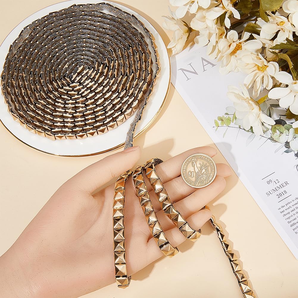 GORGECRAFT 4.16 Yards 8mm Wide Hot Fix Nailhead Trim Metal Brass Iron on Nailhead Trim Strip Square Pyramid Studded Decorative Upholstery Applique Light Gold Decor for DIY Clothes