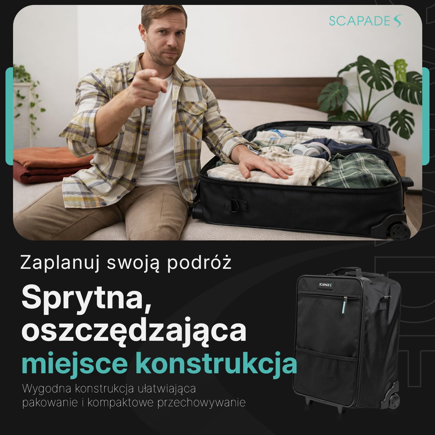 Scapade AirMini Bagaż Pod Siedzenie 40x30x20 cm – Ultralekka składana walizka kabinowa, darmowy bagaż Ryanair, kompaktowa torba na kółkach, kieszeń przednia, wodoodporna