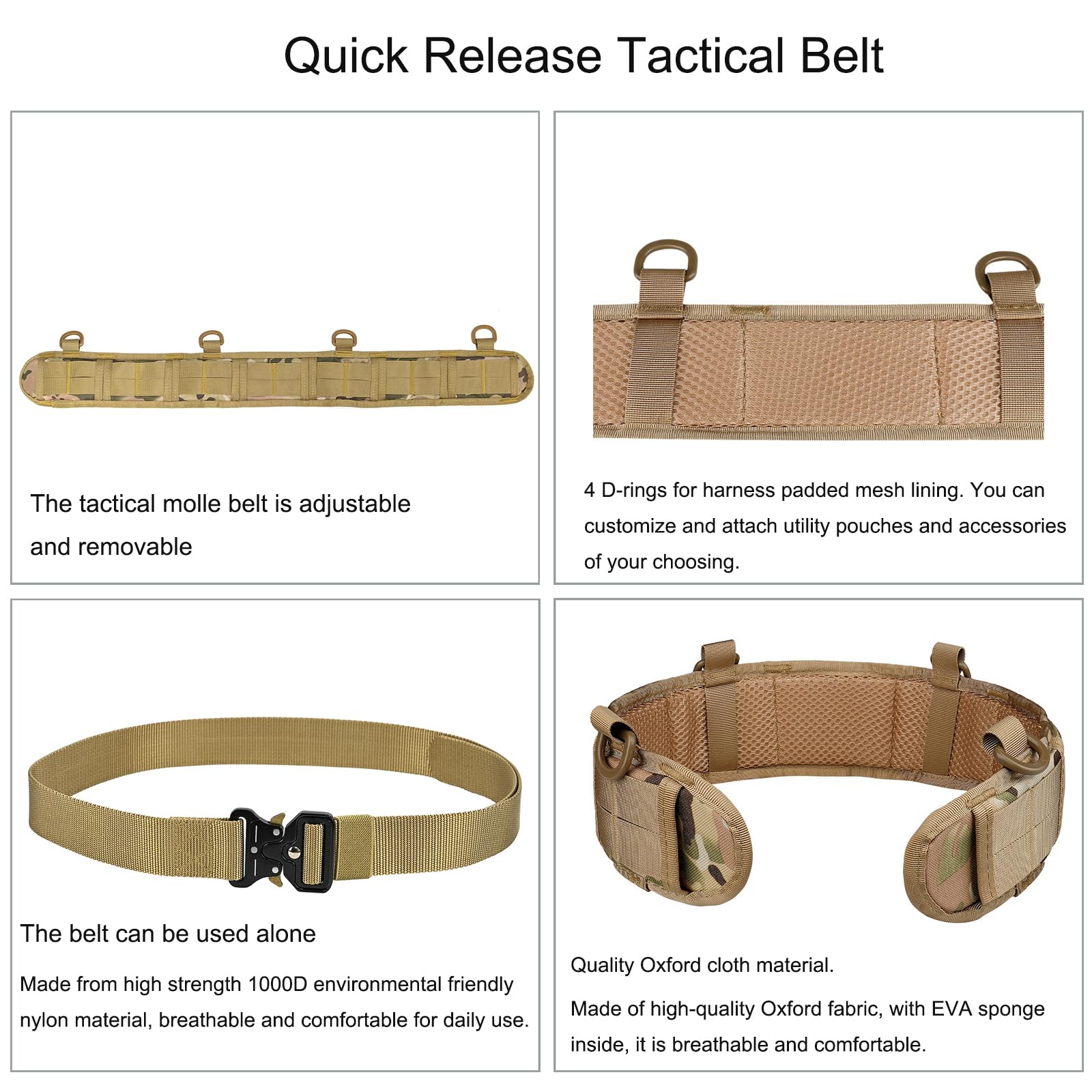 LUUFAN Juego de cinturón táctico militar, cinturón de trabajo nailon ajustable con hebilla de metal resistente para actividades al aire libre (colores caqui y)