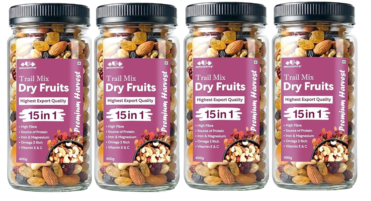 Growfitz Premium 15-in-1 Trial Mix 400g | Healthy Mixed Dry Fruits, Nuts & Seeds | Cashews, Almonds, Pistachio, Cranberries, Raisins, Pumpkin, Sunflower | High Protein Snack | Reusable Jar, Pack of 4