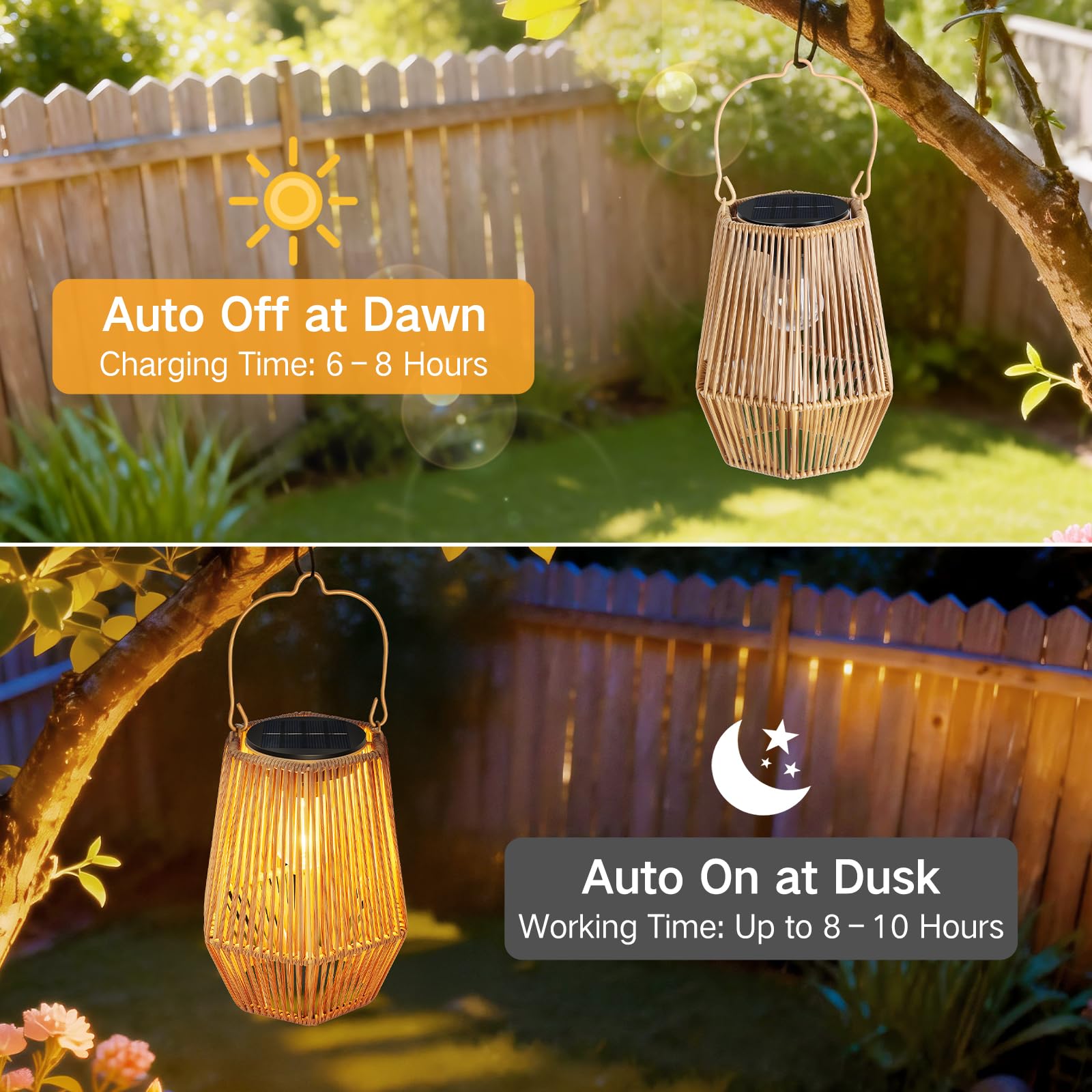 Set de 2 Faroles Solares Exterior, Colgantes o de Pie, Ratán con LED, Impermeables, Encendido/Apagado Automático, Artesanales y Decorativos para Jardín, Terraza, Balcón