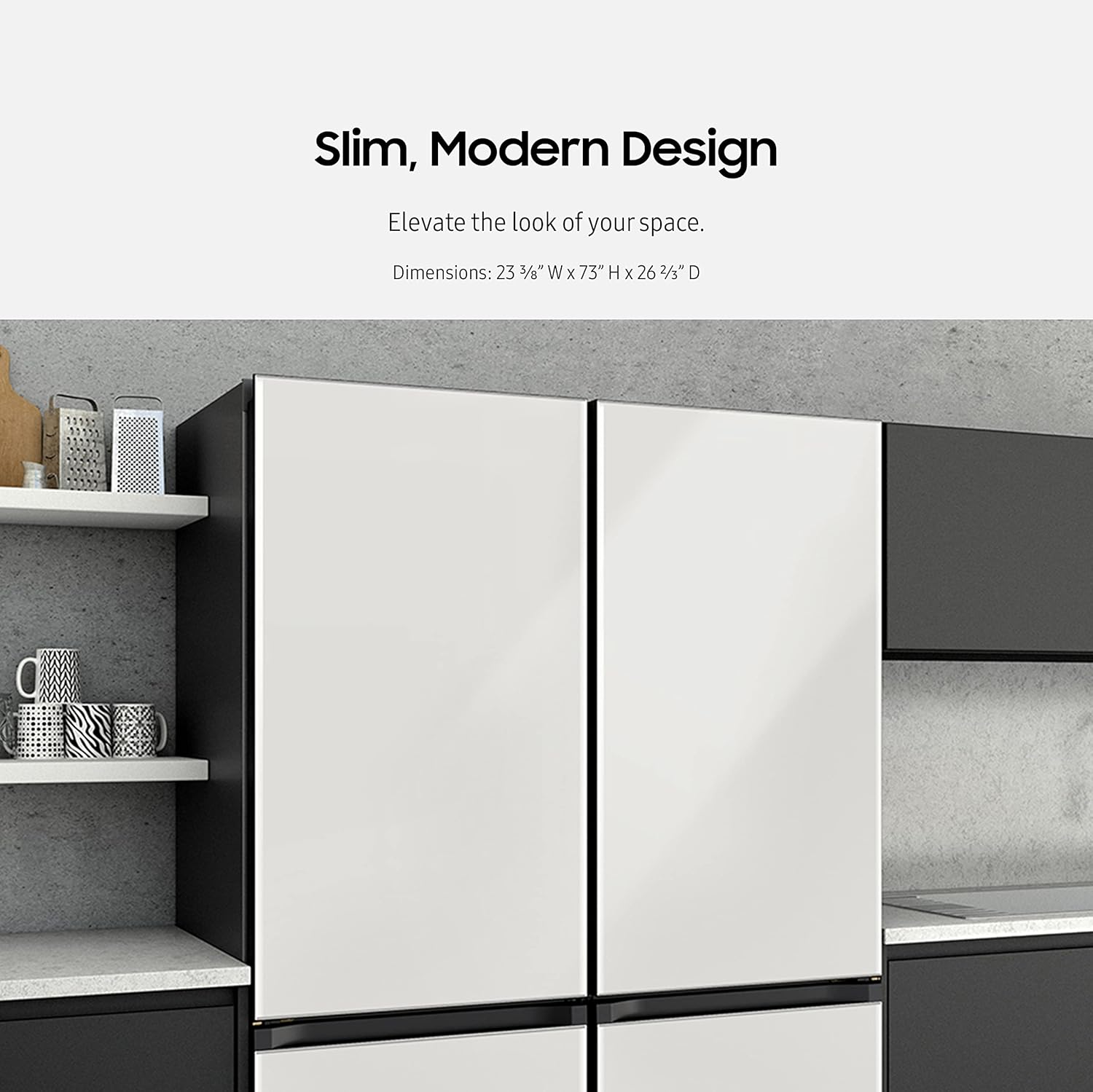 Multiple Samsung BESPOKE refrigerators in different colors combined to form a larger unit.