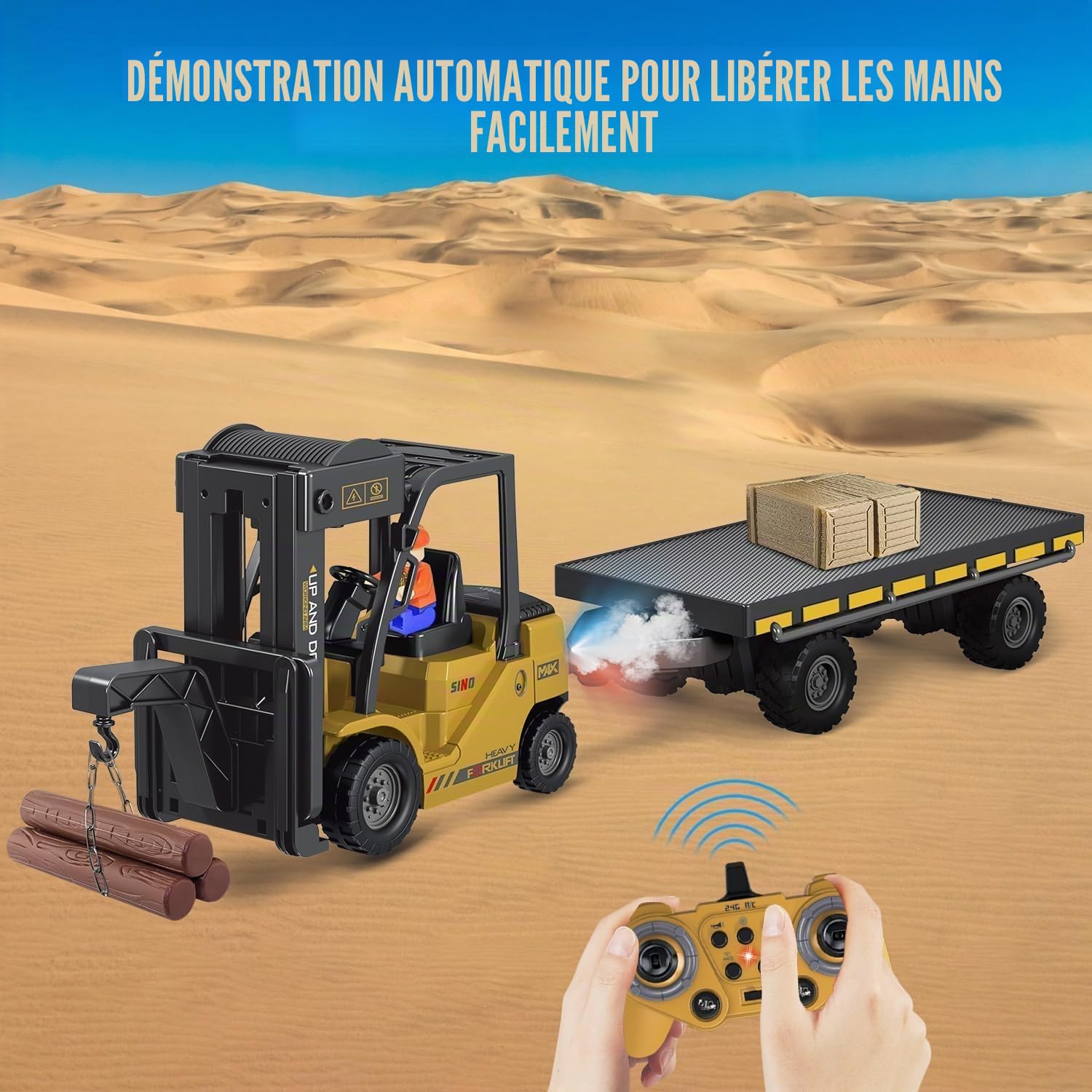 Mostop Chariot élévateur RC 1/24, jouet de construction avec boîtes/son et spray lumineux, deux batteries rechargeables et chargeur