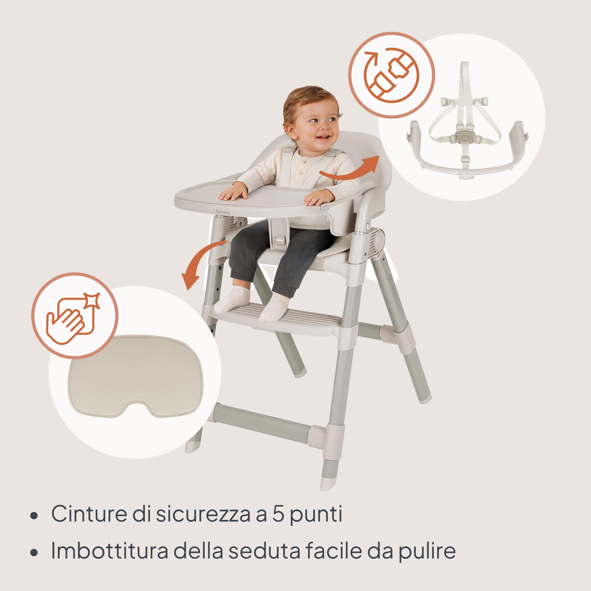 LIONELO Matt Seggiolone Pappa Evolutivo 5 in 1 Pieghevole fino a 110 kg | Da 6 Mesi, Seduta e Poggiapiedi Regolabili, Vassoio Lavabile in Lavastoviglie, Cinture a 5 Punti, Cuscino Morbido