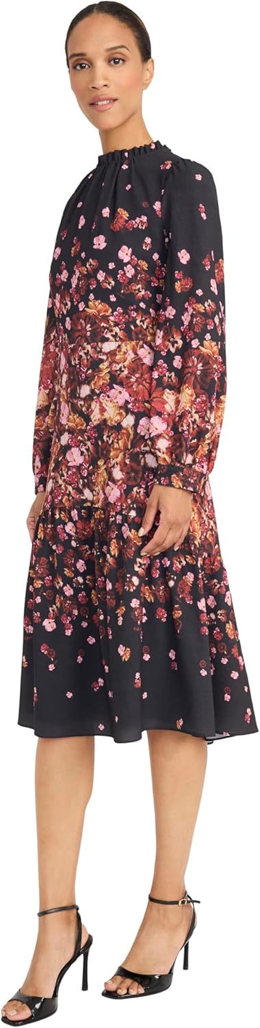 Maggy London Womens Women's Long Sleeve Mock Neck Midi Dress with Ruffle Details - Floral a Line Dresses for Women - Image 2