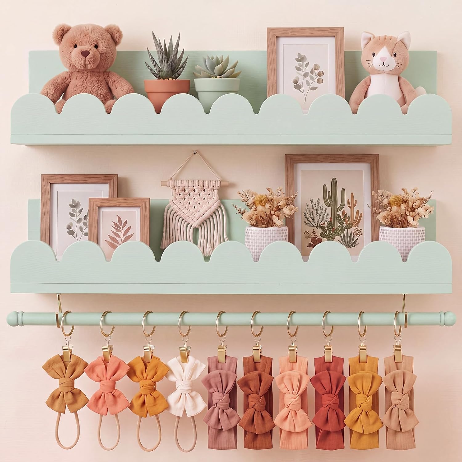Qunclay Nursery Floating Shelves with Rod, Sage Green, 15.7 Inch, 2-Tier