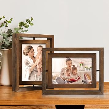 Egofine 2 Pack 4x6 Rotating Floating Picture Frames,Double-Sided Display with HD Glass Front Wooden Distressed Frame for Vertical or Horizontal Tabletop Display, Carbonization