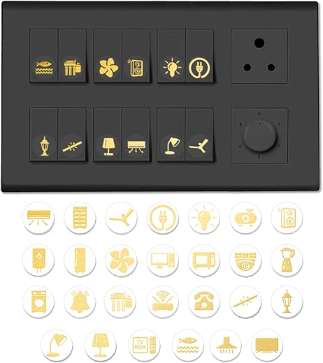 Trueflair Gold Switch Stickers Golden Embossed for Switch Board | Pack of 330 Stickers for Home Including Fan, Light and Many More