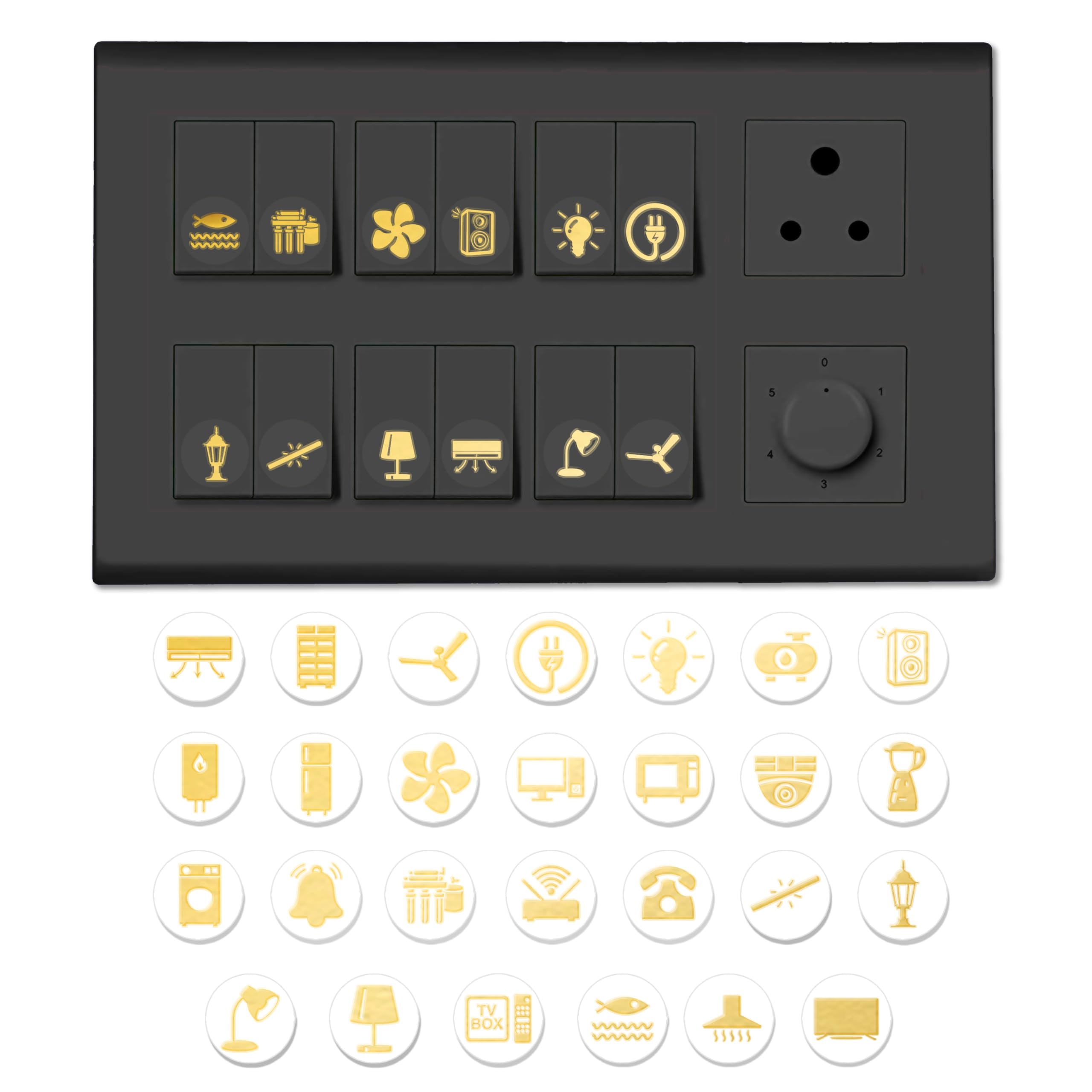 Trueflair Gold Switch Stickers Golden Embossed for Switch Board | Pack of 330 Stickers for Home Including Fan, Light and Many More