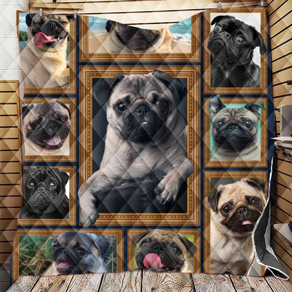 Chickwin 3D Quilted Bedspread Single Double King Size, Puppy Printed Coverlets Lightweight Microfiber Comforter Easy Care Sofa Blanket Throw for All Season (Pug,150x200cm)