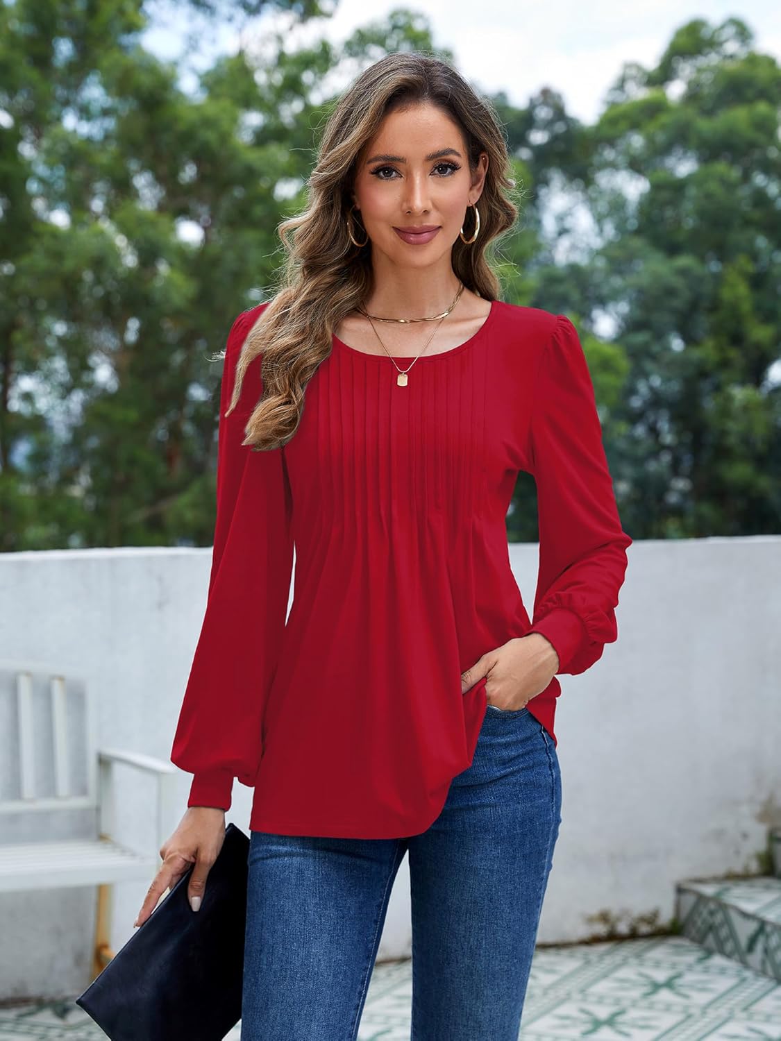 Long Sleeve Shirts For Women Fall Fashion 2025 Womens Tunic Tops Pleated Crew Neck Puff Sleeve Blouses Dressy Casual - Image 2