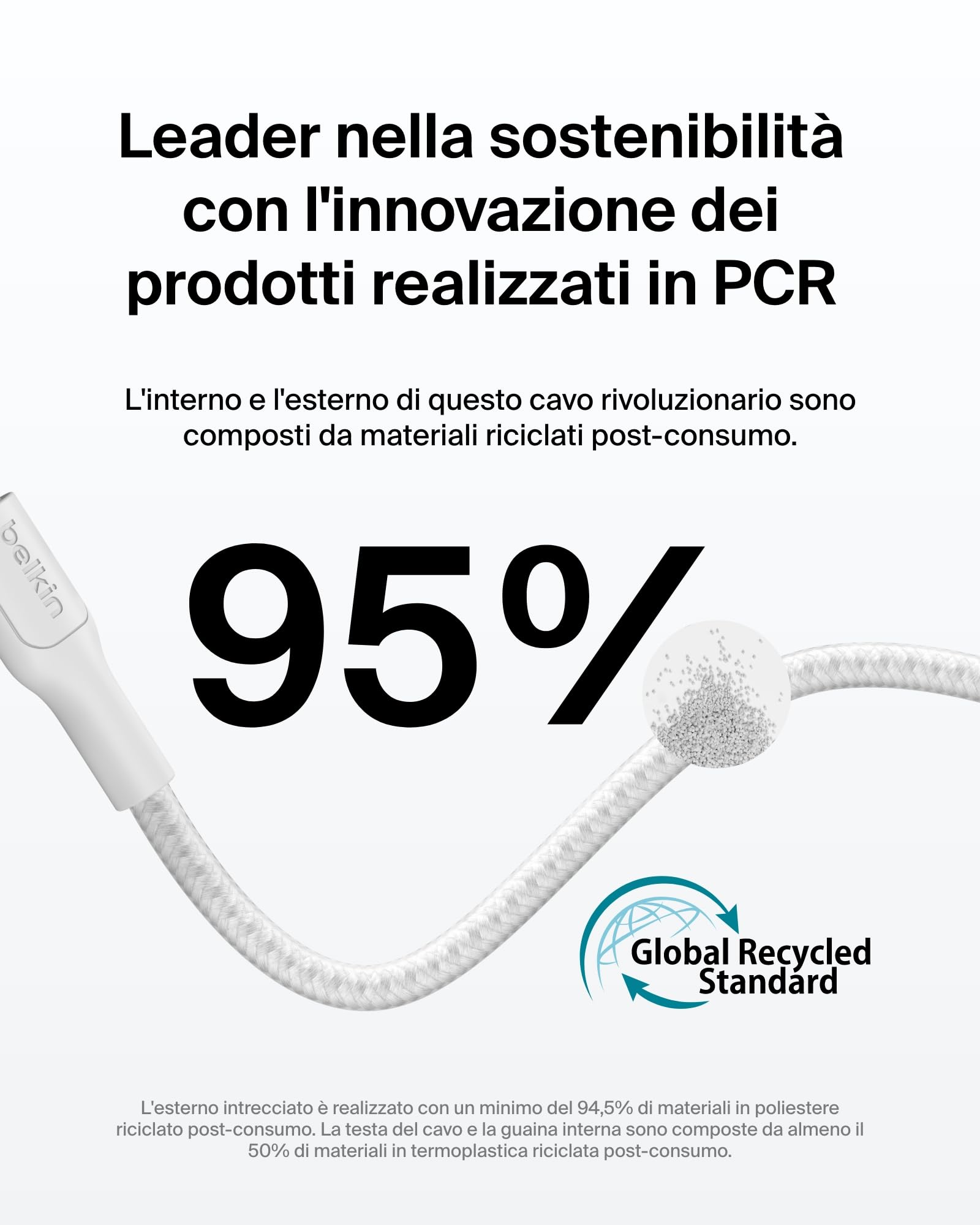 Belkin Cavo da USB-C a USB-C intrecciato, ecosostenibile (3 m, 240 W), Cavo USBC di Ricarica Rapida flessibile per iPhone 16, Galaxy S25, Pixel 9, MacBook, iPad Pro - Bianco (USB-C 2.0)