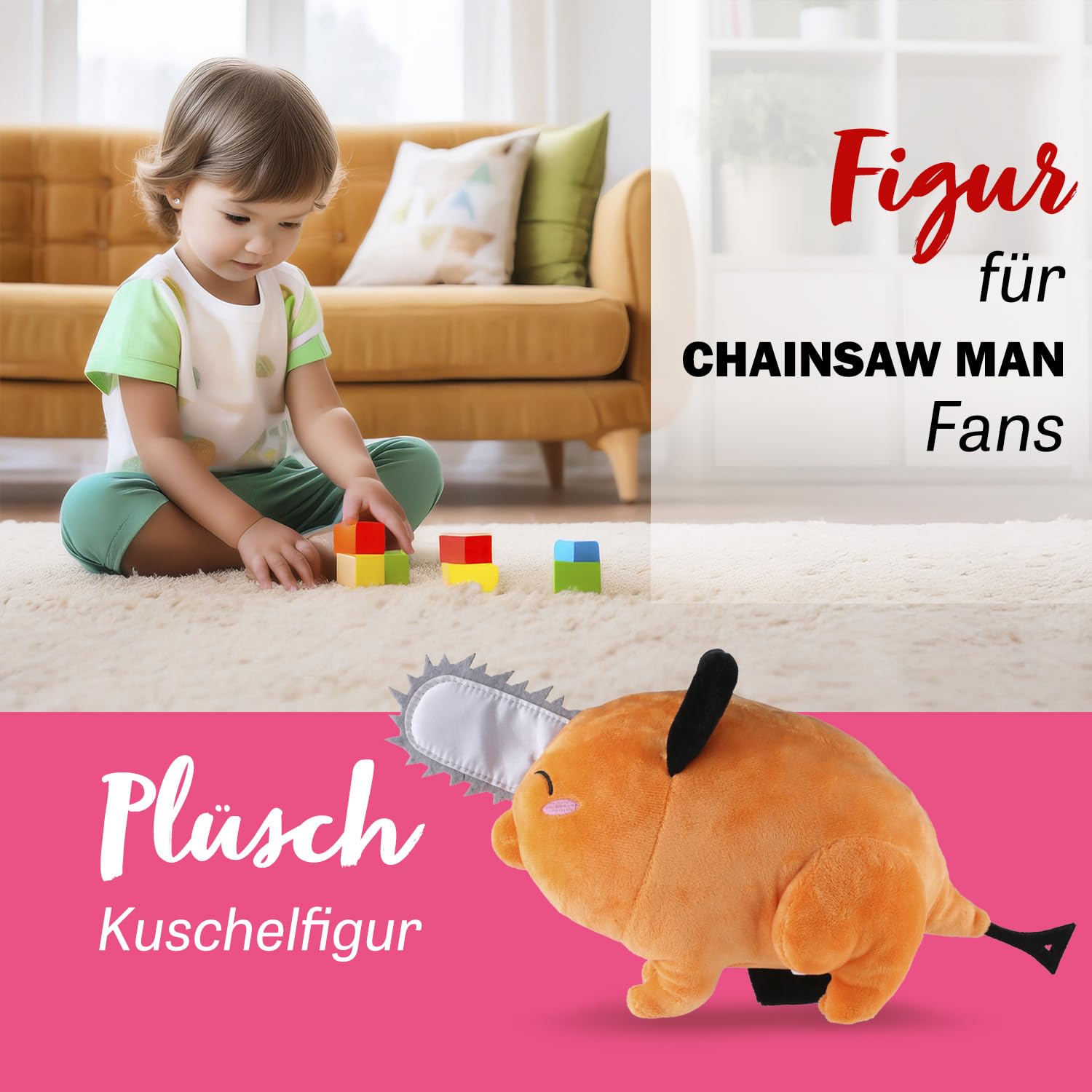 Play by Play Chainsaw Man Pochita pluszowe zwierzątko, pluszowa zabawka, figurka < siedząca z zamkniętym okiem, 32 cm + mini plusz >
