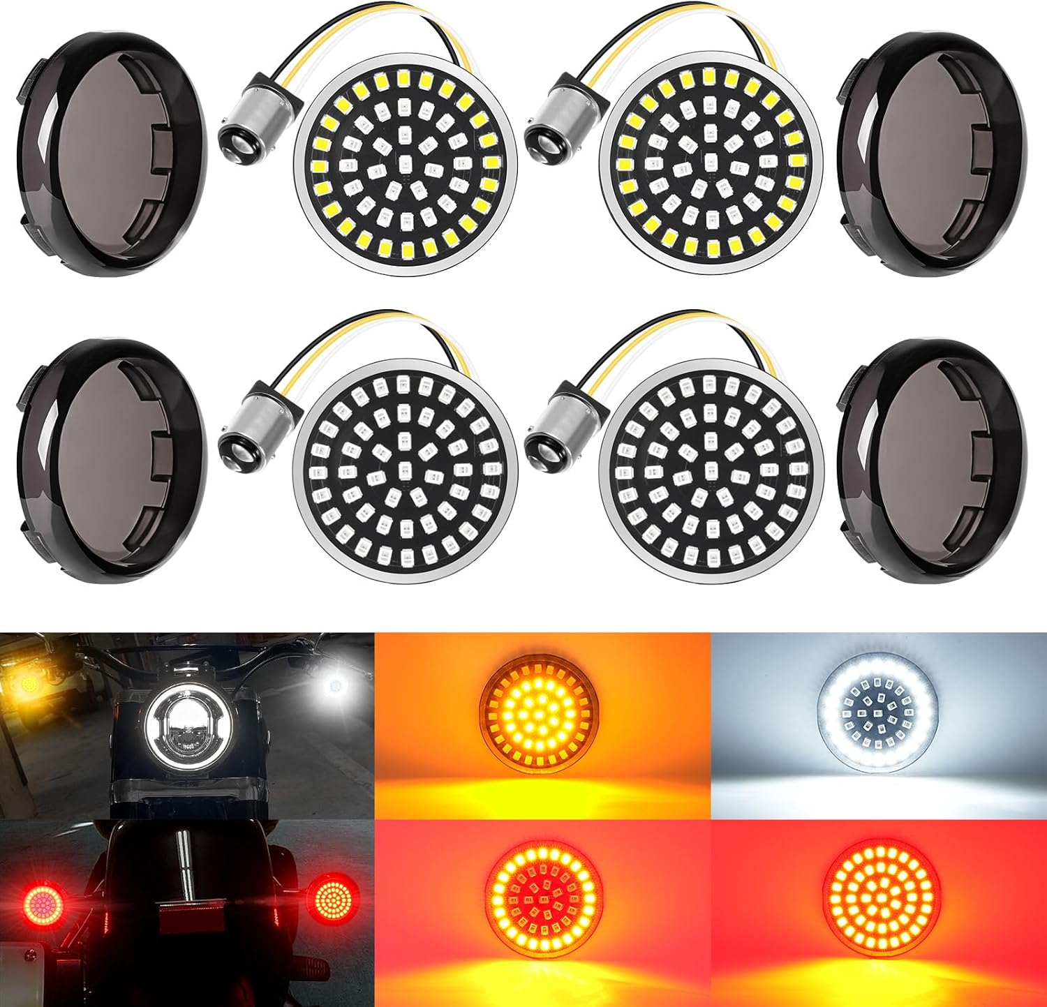 Benlari 2inch Turn Signals, 48LEDs Front Rear 1157 Turn Signals with 4 Smoked Lens Cover Fit for Harley Touring Street Glide Road Glide Road King Sportster Iron 883 Dyna Softail 1986-2024
