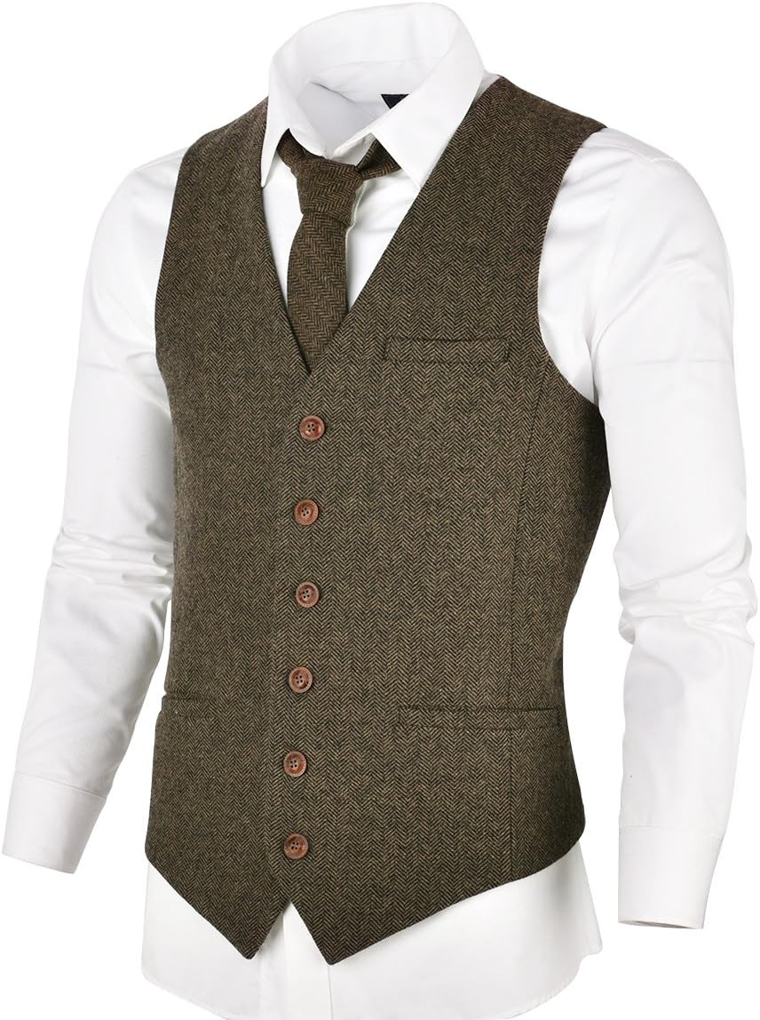 VOBOOM Men's Slim Fit Herringbone Tweed Suits Vest Premium Wool Blend Waistcoat