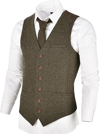 VOBOOM Mens Slim Fit Herringbone Tweed Suits Vest Premium Wool Blend Waistcoat