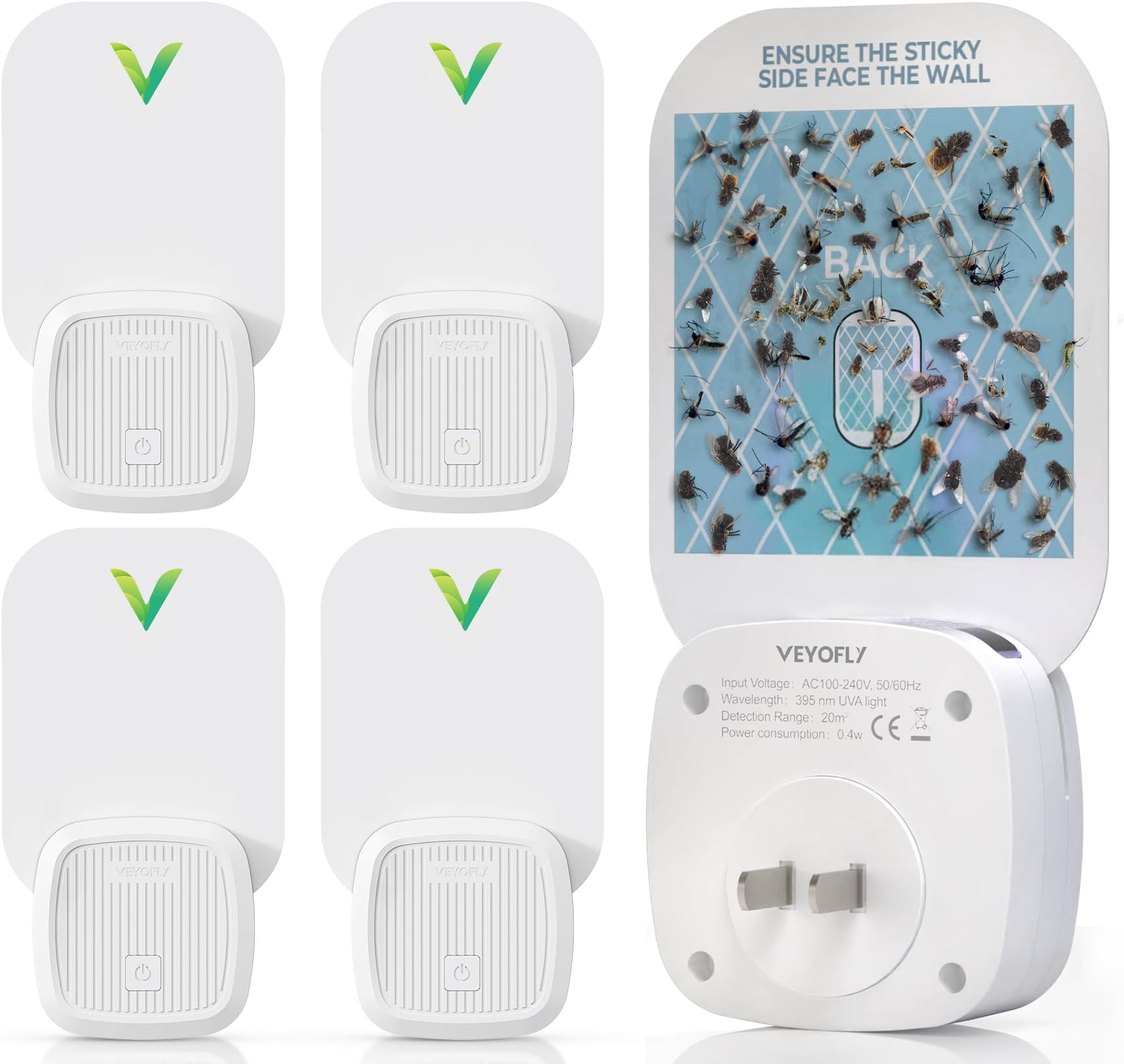 VEYOFLY 4 Pack, Plug-in Flying Insect Trap, Fruit Fly Traps for Indoors, Safer Home Indoor, Bug Light Indoor Plug-in, Mosquito Trap, Fruit Fly, Gnat Trap, Flea Trap, No Odor- (4Device+12 Refills)
