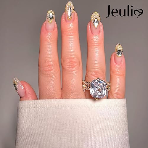 Miniatura 5 de Jeulia Juego de anillos de eternidad de plata de ley pavé de tres caras con circonita cúbica Art Deco Halo para boda, compromiso, aniversario