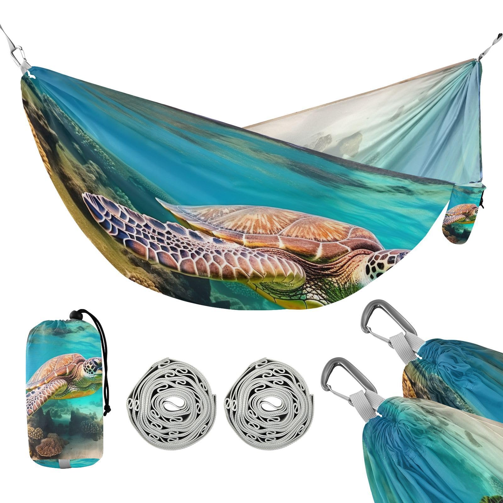 Haskirky Sea Turtle Camping Hammock, Single Portable Hammocks with Tree Straps & Attached Carry Bag, 330Lbs Capacity Perfect for Outside Indoor Hiking Beach Backpack Travel