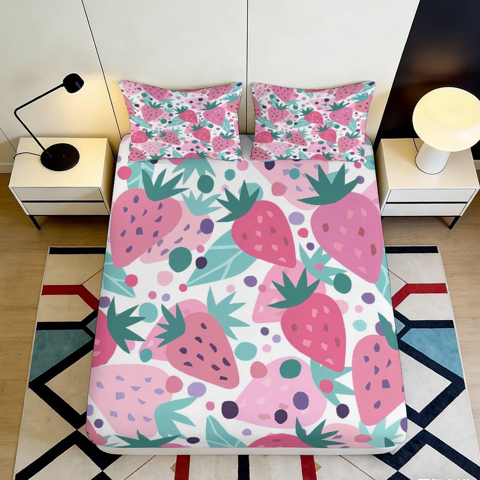 3D Printed Strawberry Fruit Fitted Sheet Microfiber Soft Pink Pattern Bed Cover for Bedroom Guest Room Dorm Decor 90x200x25cm