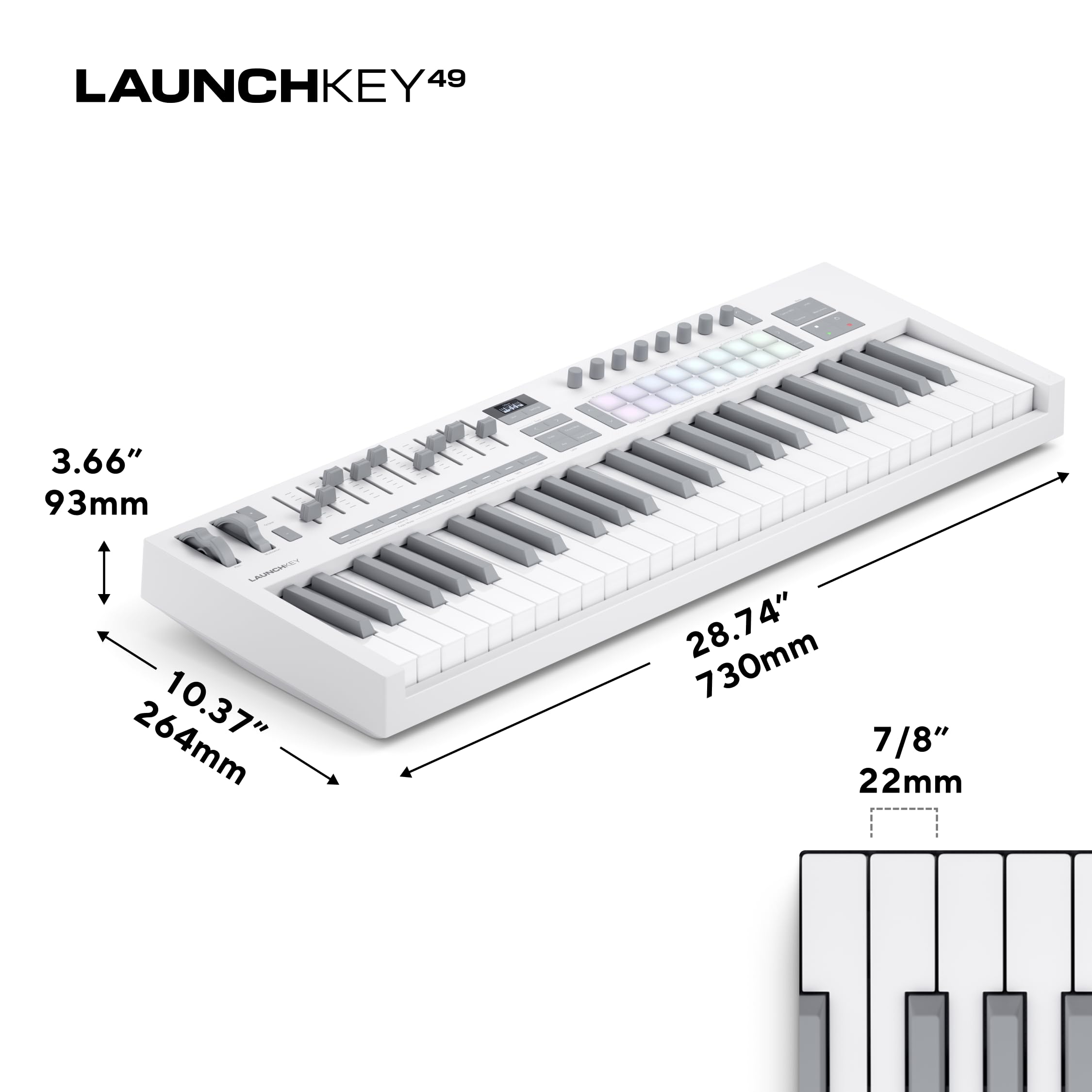 Novation Launchkey 49 White MK4 Clavier Maître USB MIDI | USB, 49 touches semi-lestées, blanc, 16 pads avec aftertouch polyphonique, 9 faders, molettes de pitch/modulation, écran OLED