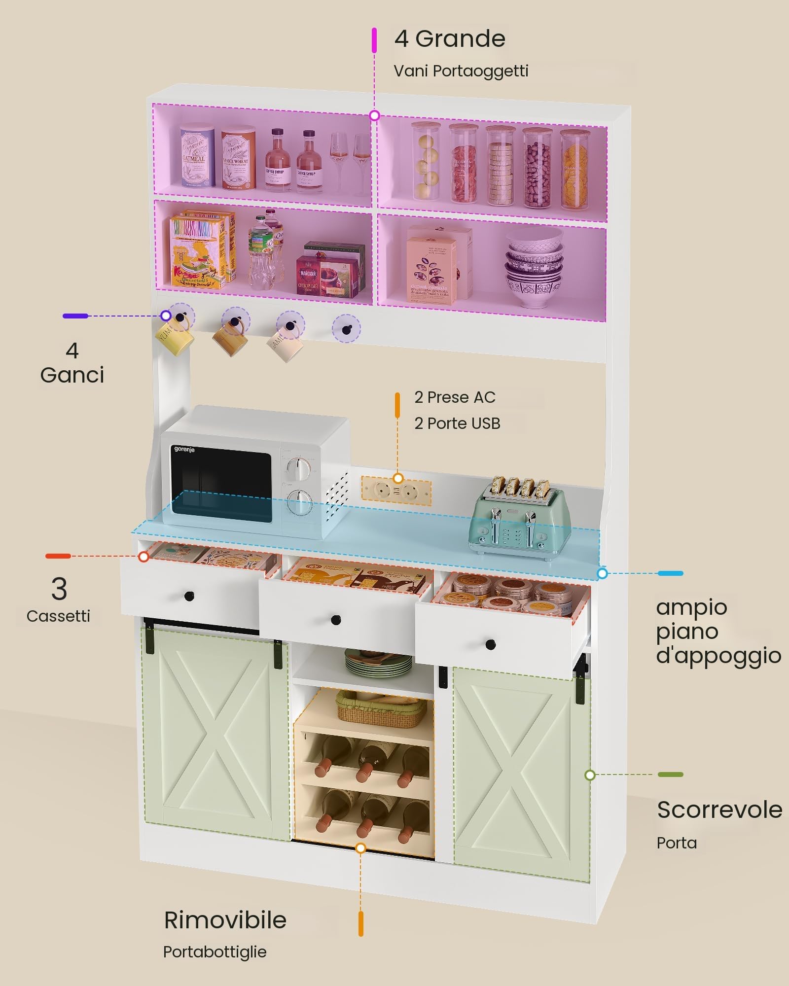 Credenza, Credenza Cucina con Illuminazione a LED, Presa Elettrica, Mobile Buffet, Scaffale Rimovibile, 3 Cassetti, Ripiani Regolabili, Grande Spazio, Cucina, Sala da Pranzo, 103.5*40*180 cm, Bianca