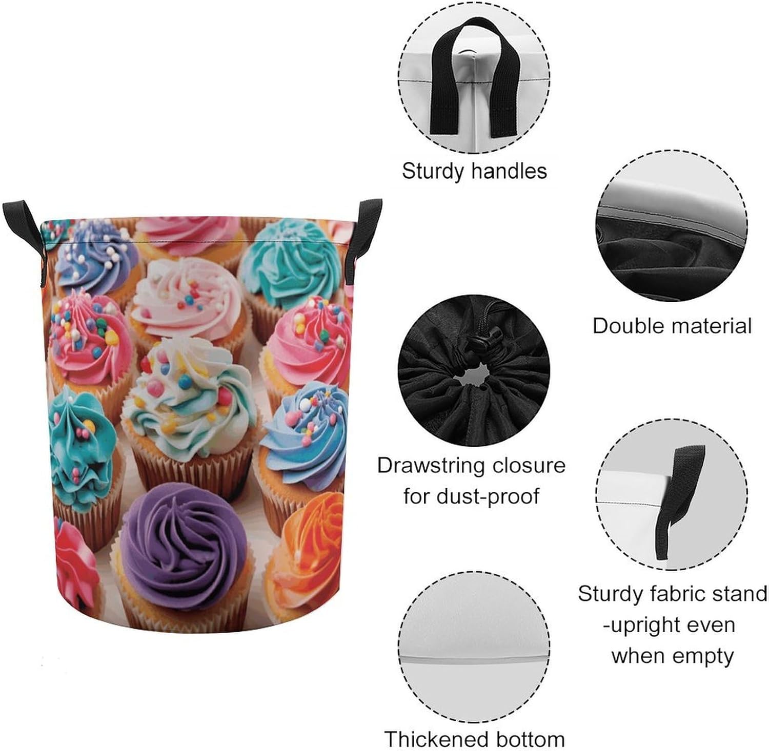 Birthday Cupcakes Laundry Basket Collapsible Clothes Hamper with Reinforced Handles Large Capacity Waterproof Laundry Bag Freestanding Laundry Hamper for Bedroom Bathroom